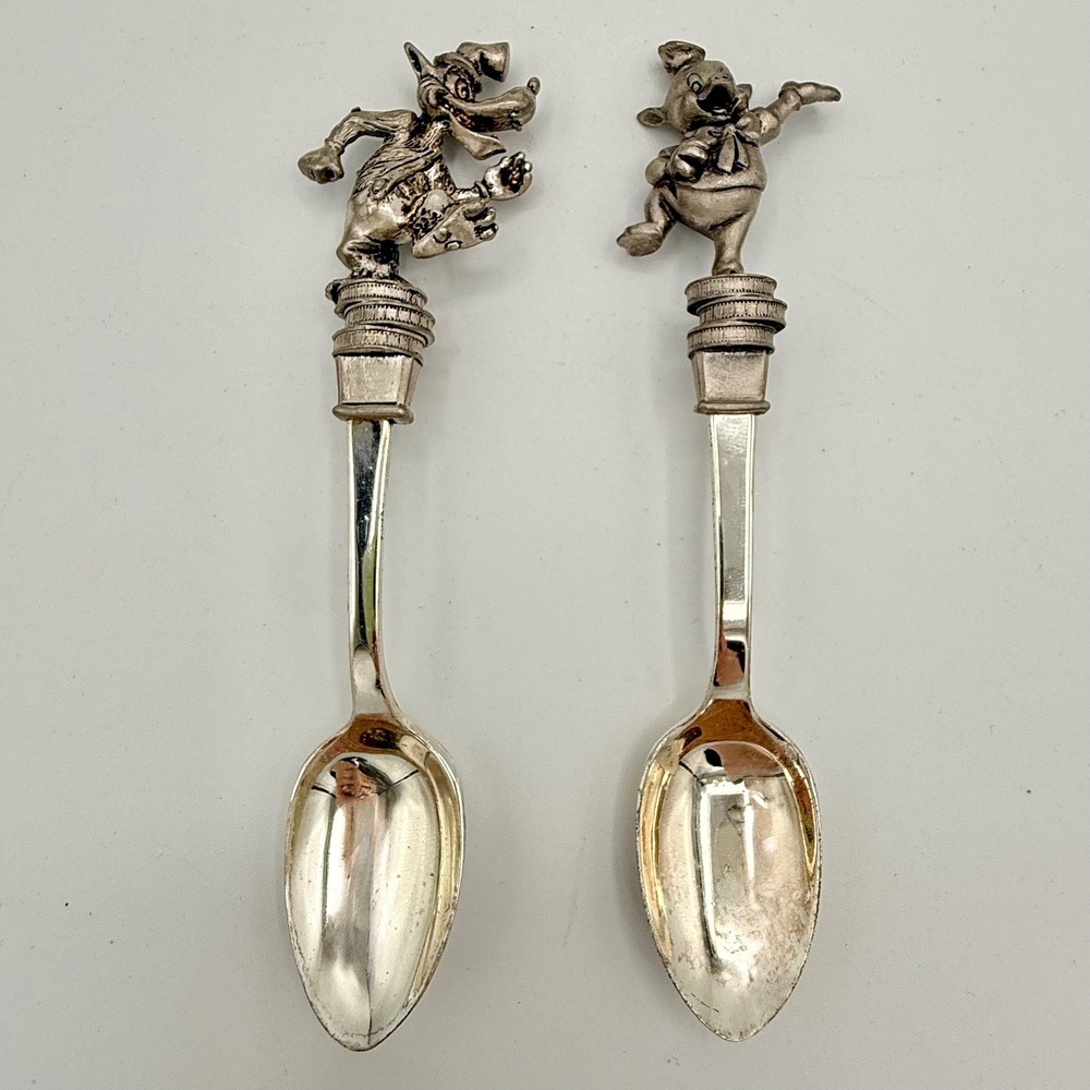 Vintage Disney Big Bad Wolf & Practical Pig 80s Pewter Collector Spoons